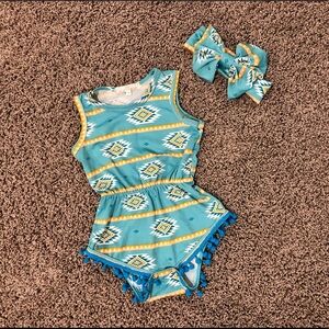 5/$25 girls romper with Pom Pom trim, size 6-12 months